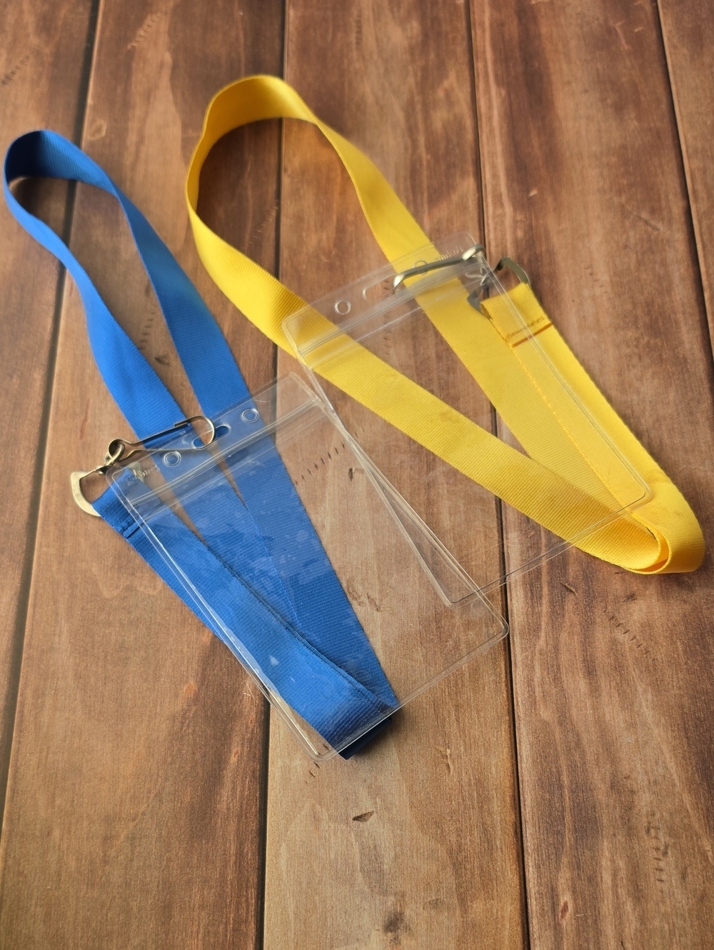 Clear Badge ID Holders with Blue and Yellow Lanyards